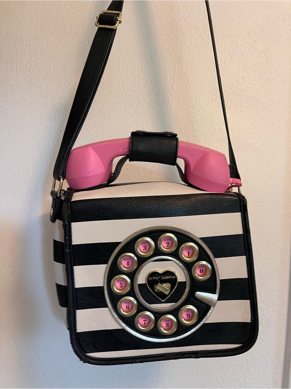 Betsey Johnson Black White Stripe Crossbody with Pink Retro Handset